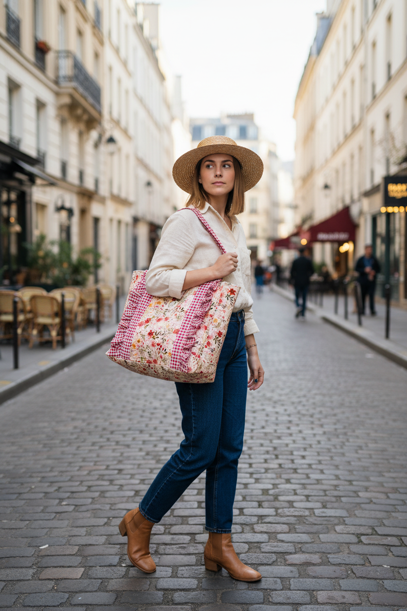 Le cabas Céleste jersey fleuri et vichy rouge