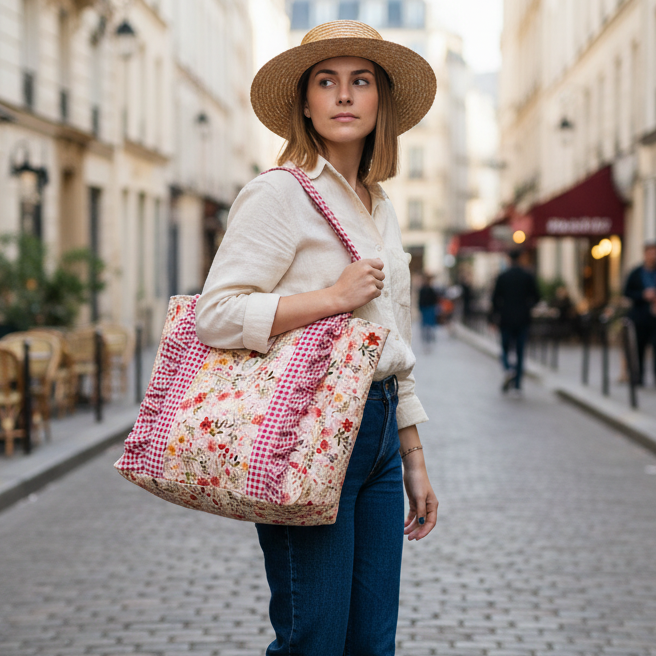 Le cabas Céleste jersey fleuri et vichy rouge
