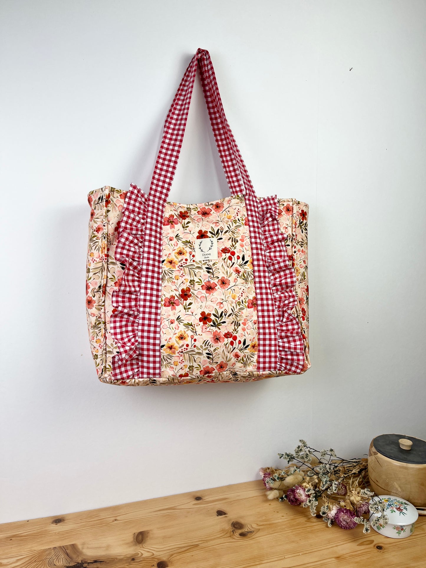 Le cabas Céleste jersey fleuri et vichy rouge