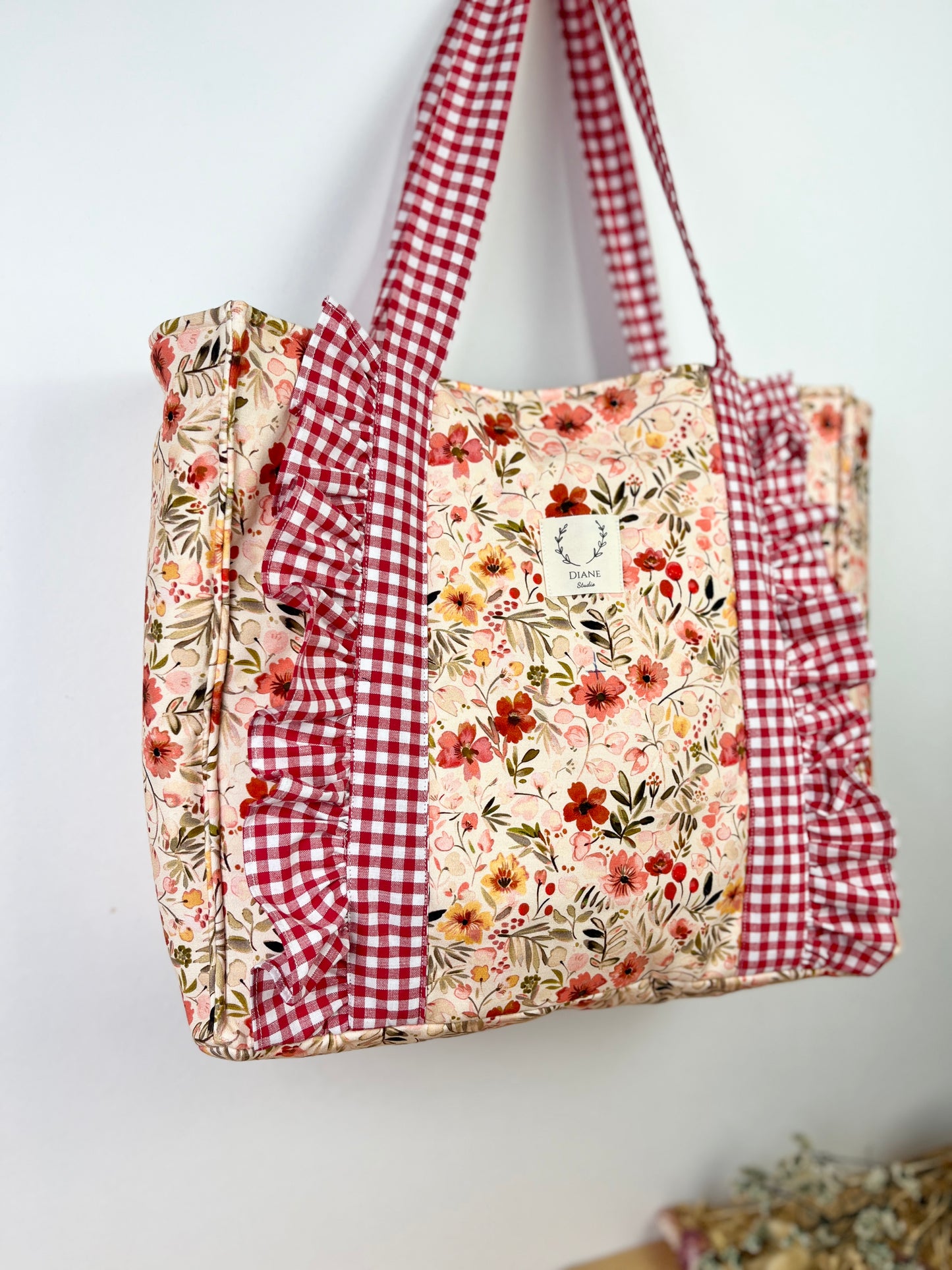 Le cabas Céleste jersey fleuri et vichy rouge