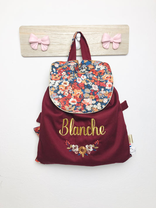 Le sac à dos enfant personnalisé Églantine gabardine bordeaux et liberty thorpe