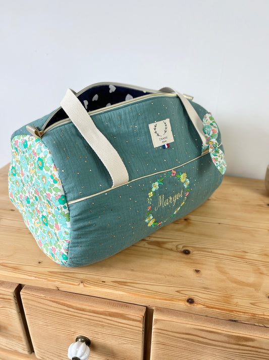 Louison le sac polochon enfant Liberty Betsy menthe et couronne brodée