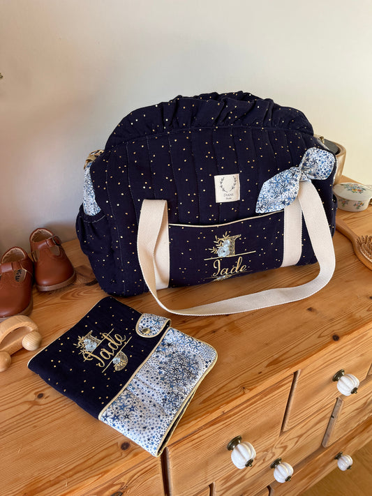 Ensemble : sac polochon et protège carnet bleu nuit doré Adelajda