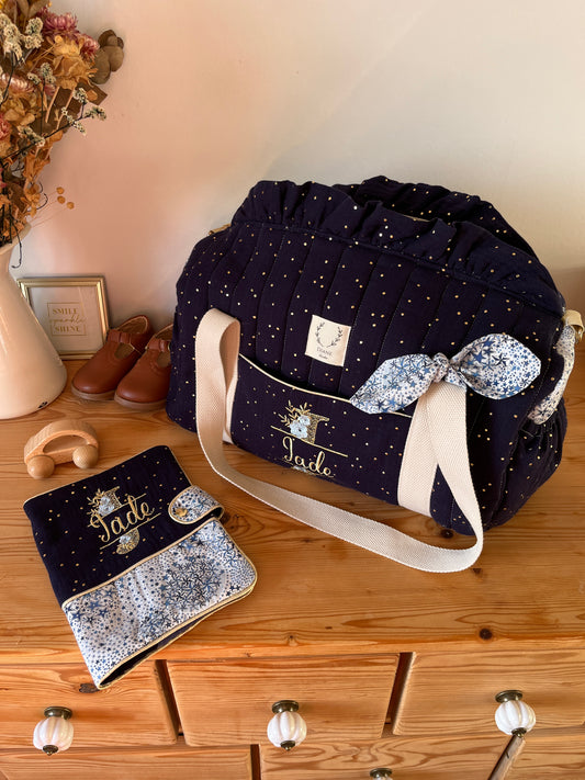 Ensemble : sac polochon et protège carnet bleu nuit doré Adelajda