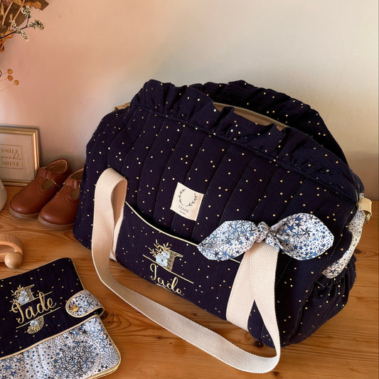 Louison le sac polochon bleu nuit et Adelajda bleu