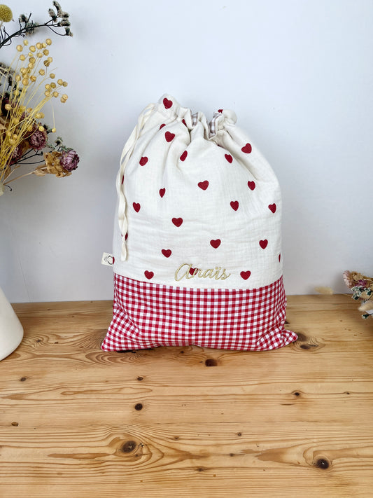 Pochon personnalisé vichy rouge et double gaze coeurs