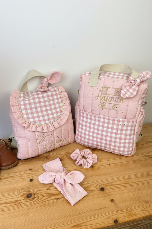 Set: lace initial duffel bag and Eglantine backpack