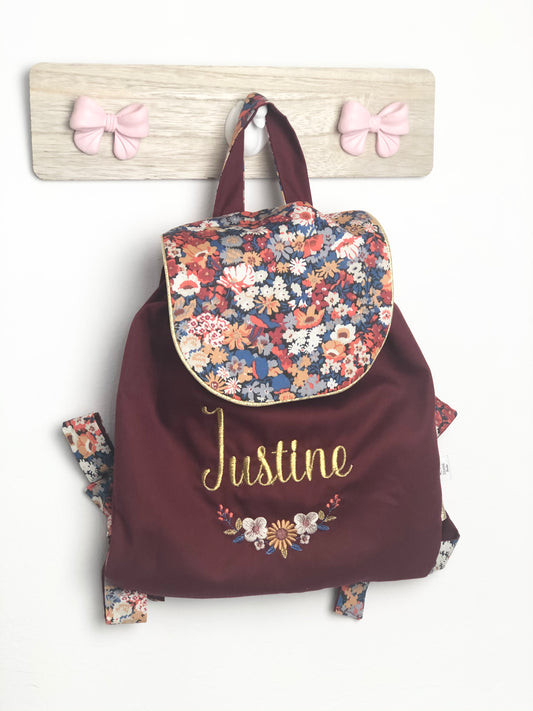 Le sac à dos enfant personnalisé Églantine gabardine bordeaux et liberty thorpe
