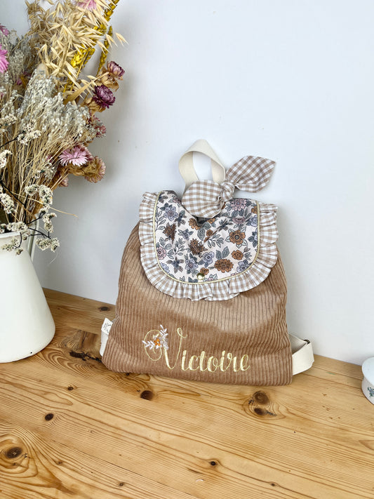 Le sac à dos enfant personnalisé Églantine velours camel et marion