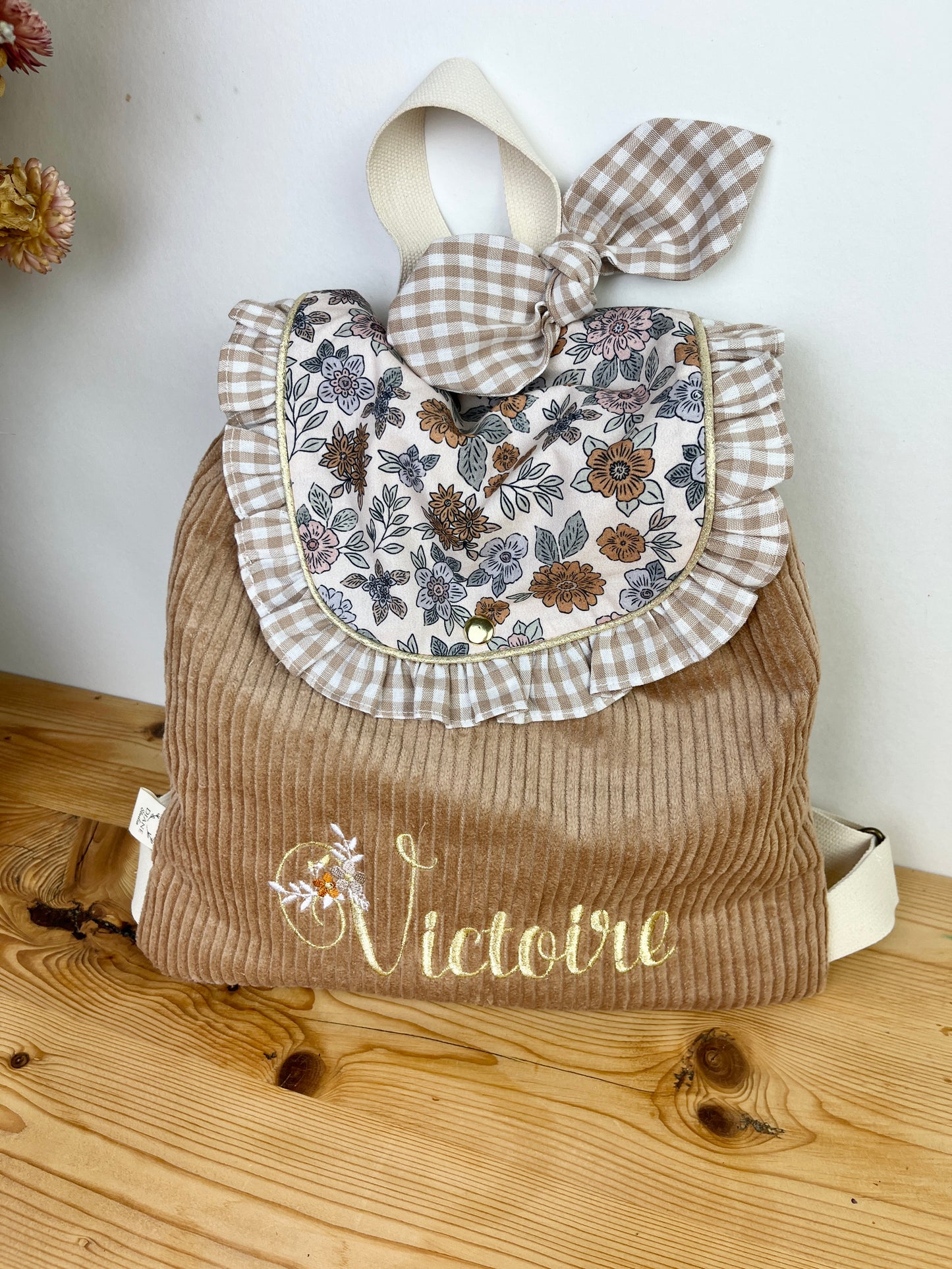 Le sac à dos enfant personnalisé Églantine velours camel et marion