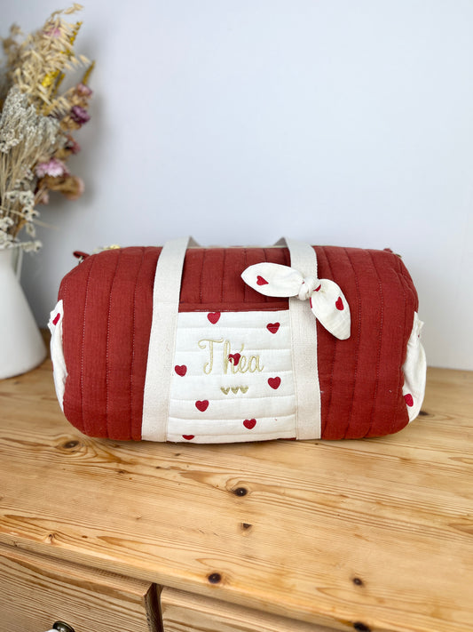 Léon le sac polochon adulte double gaze tomette et coeurs
