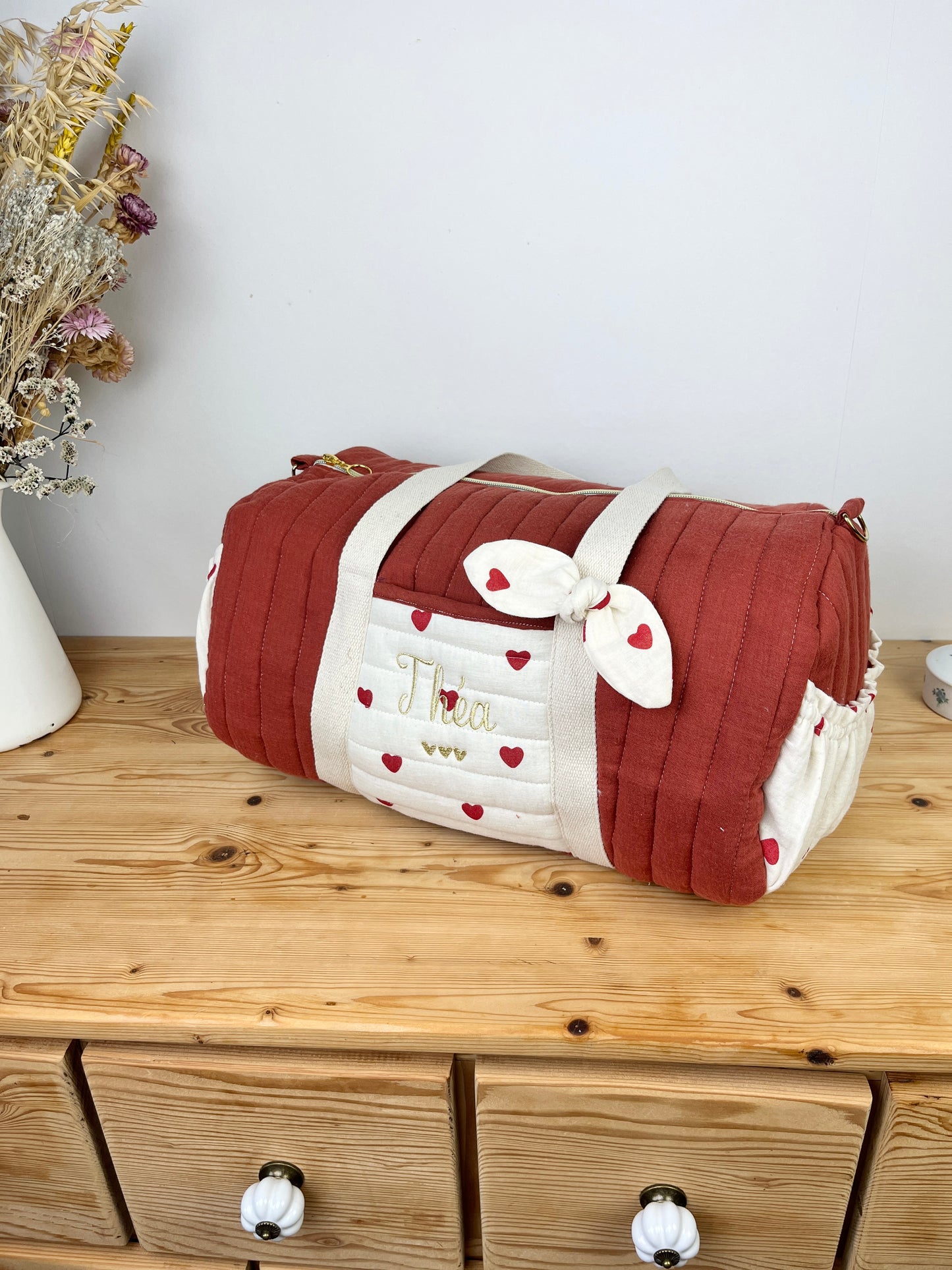 Léon le sac polochon adulte double gaze tomette et coeurs
