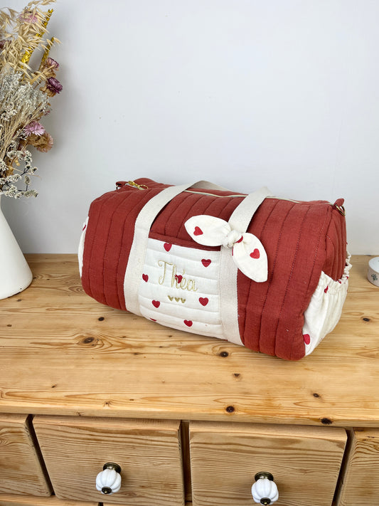 Léon le sac polochon adulte double gaze tomette et coeurs