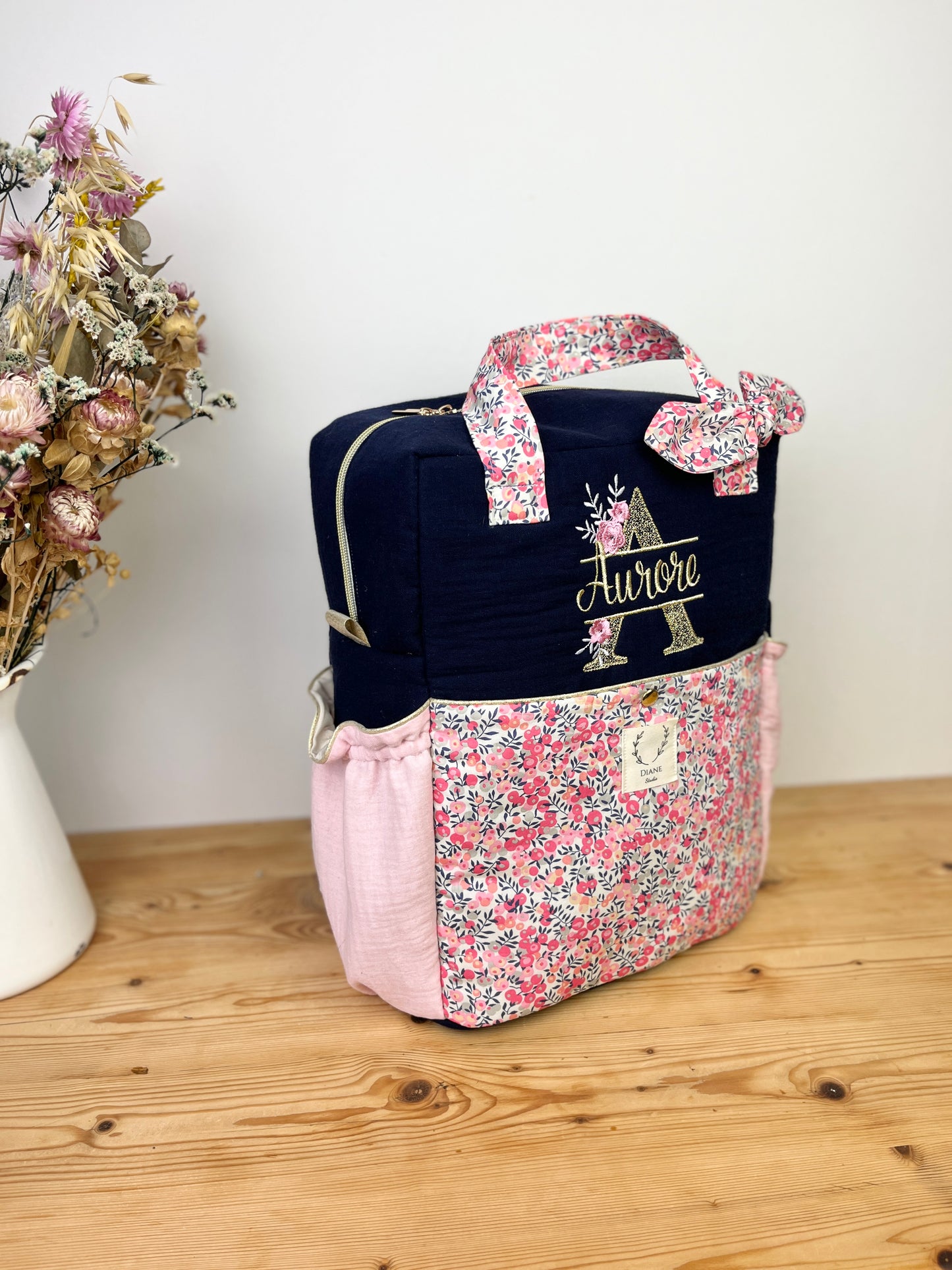 Le sac à dos Angélique liberty Wiltshire et gaze marine