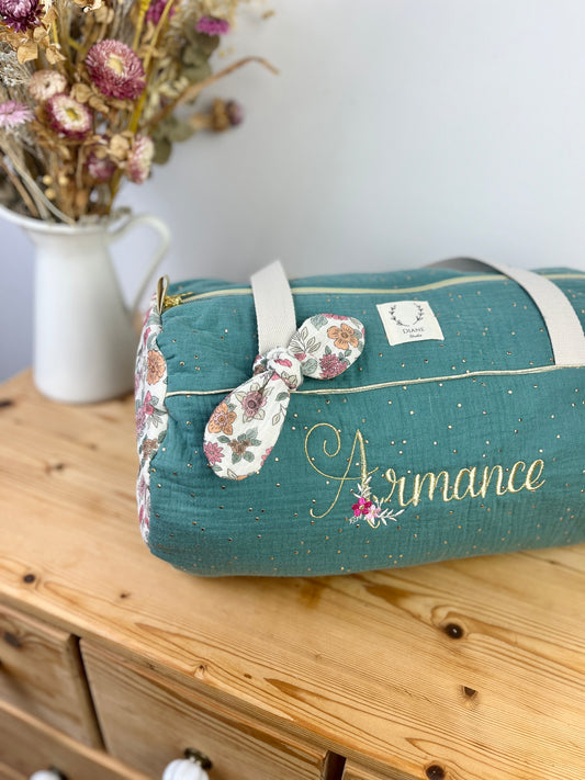 Louison le sac polochon enfant eucalyptus doré et marion rose