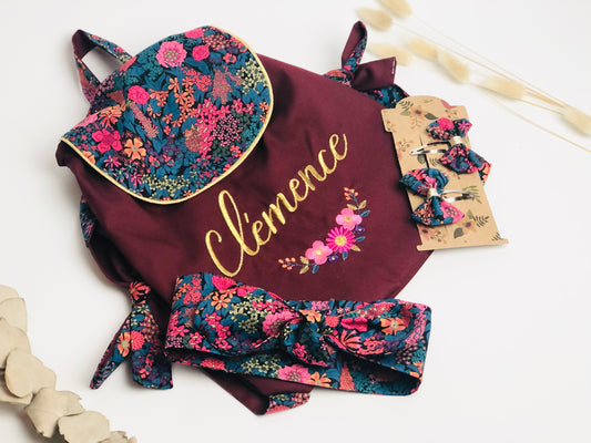 Le sac à dos enfant personnalisé Églantine gabardine bordeaux et liberty Ciara (accessoires non inclus)