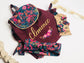 Le sac à dos enfant personnalisé Églantine gabardine bordeaux et liberty Ciara (accessoires non inclus)