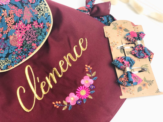 Le sac à dos enfant personnalisé Églantine gabardine bordeaux et liberty Ciara (accessoires non inclus)
