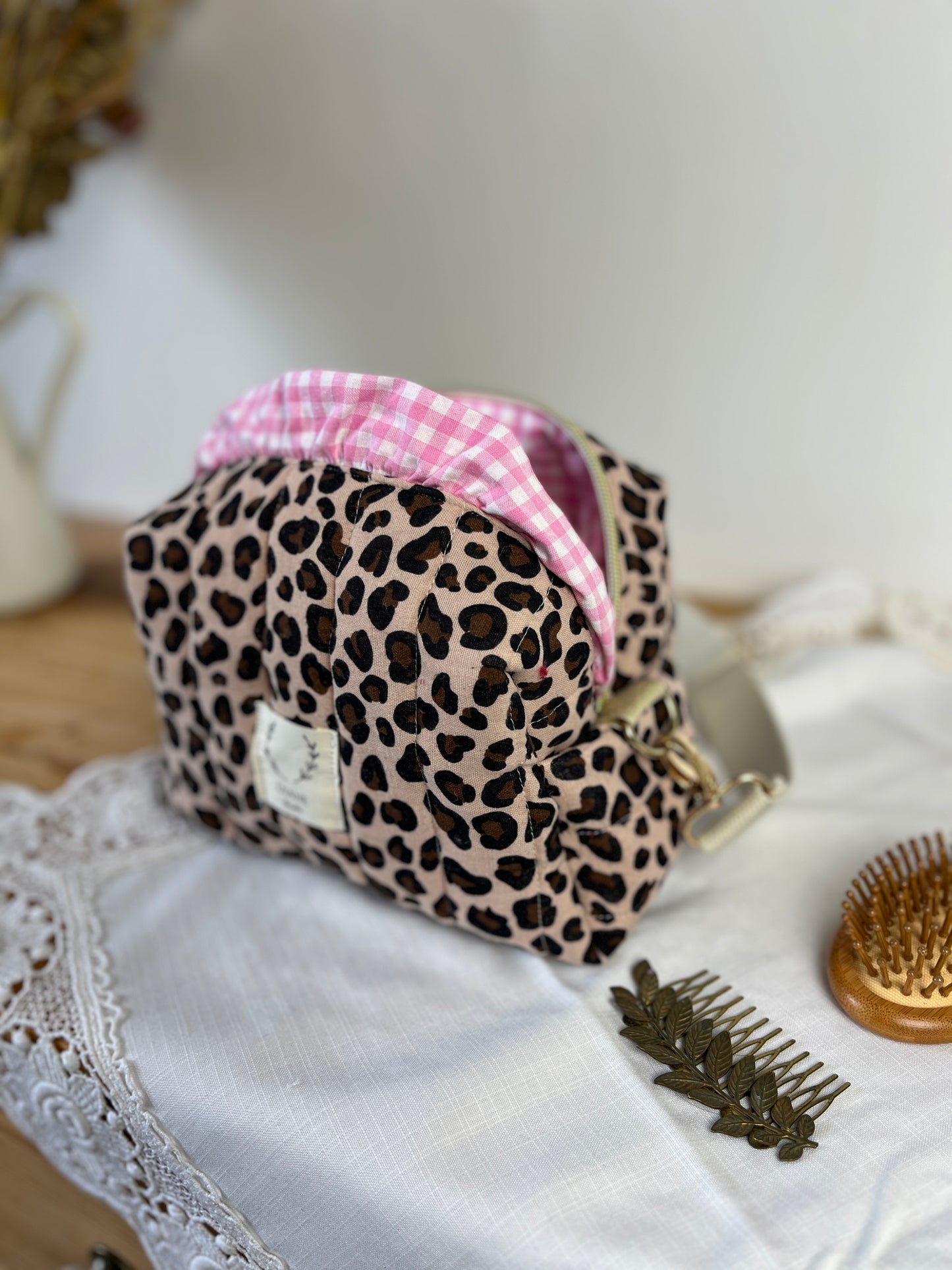 Colette le sac bandoulière léopard et vichy rose -sur commande