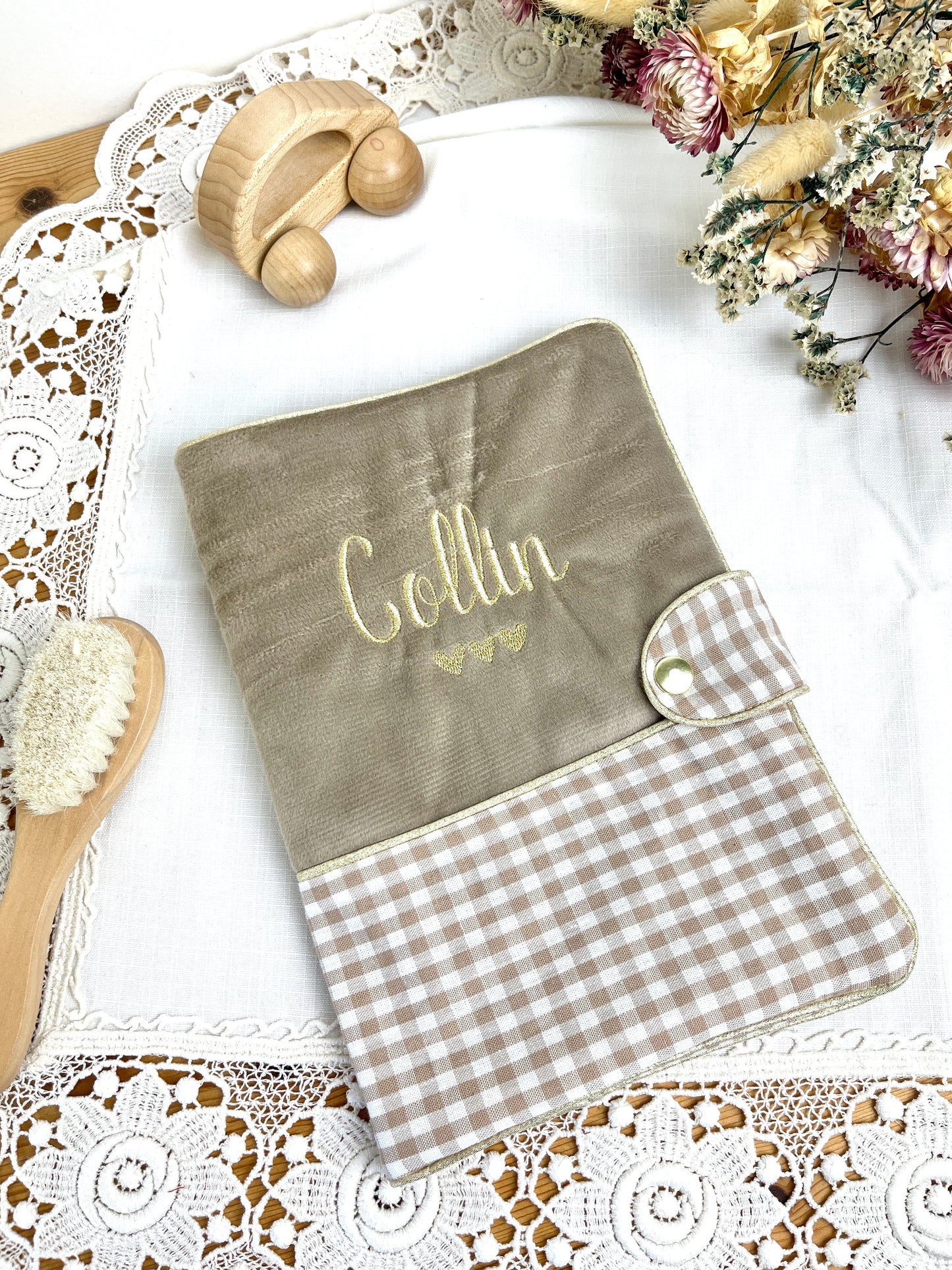NOUVEAU Ensemble : Trousse de toilette, couverture, et protège carnet vichy galet
