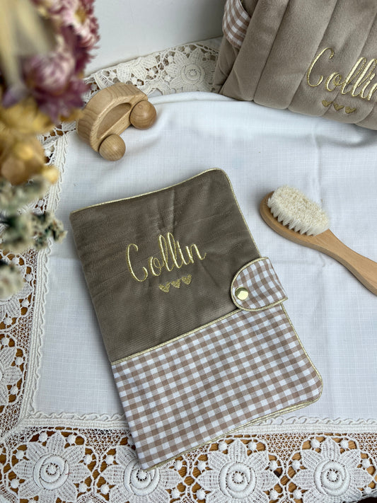 Mahé le protège carnet vichy et velours beige