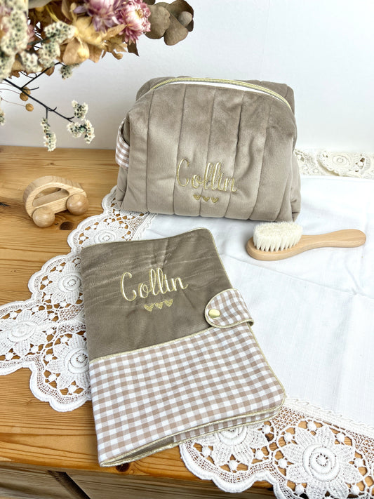 NOUVEAU Ensemble : Trousse de toilette et protège carnet de santé vichy et velours galet