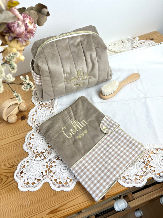NOUVEAU Ensemble : Trousse de toilette et protège carnet de santé vichy et velours galet