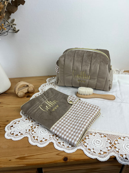 NOUVEAU Ensemble : Trousse de toilette et protège carnet de santé vichy et velours beige