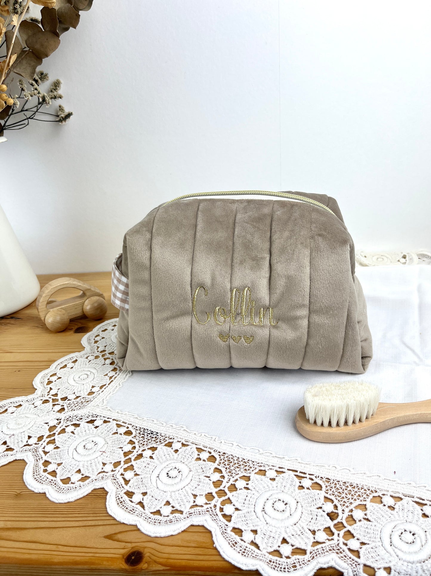 NOUVEAU Ensemble : Trousse de toilette et protège carnet de santé vichy et velours galet