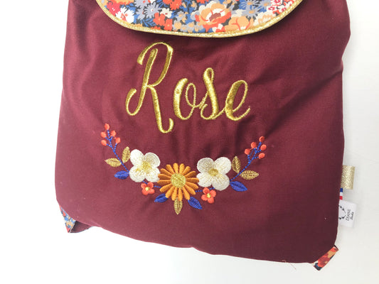 Le sac à dos enfant personnalisé Églantine gabardine bordeaux et liberty thorpe