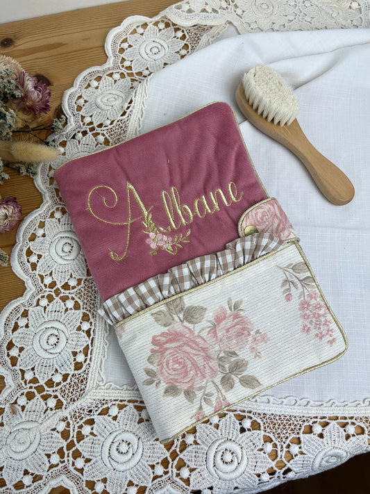 Mahé le protège carnet vichy et velours rose volant