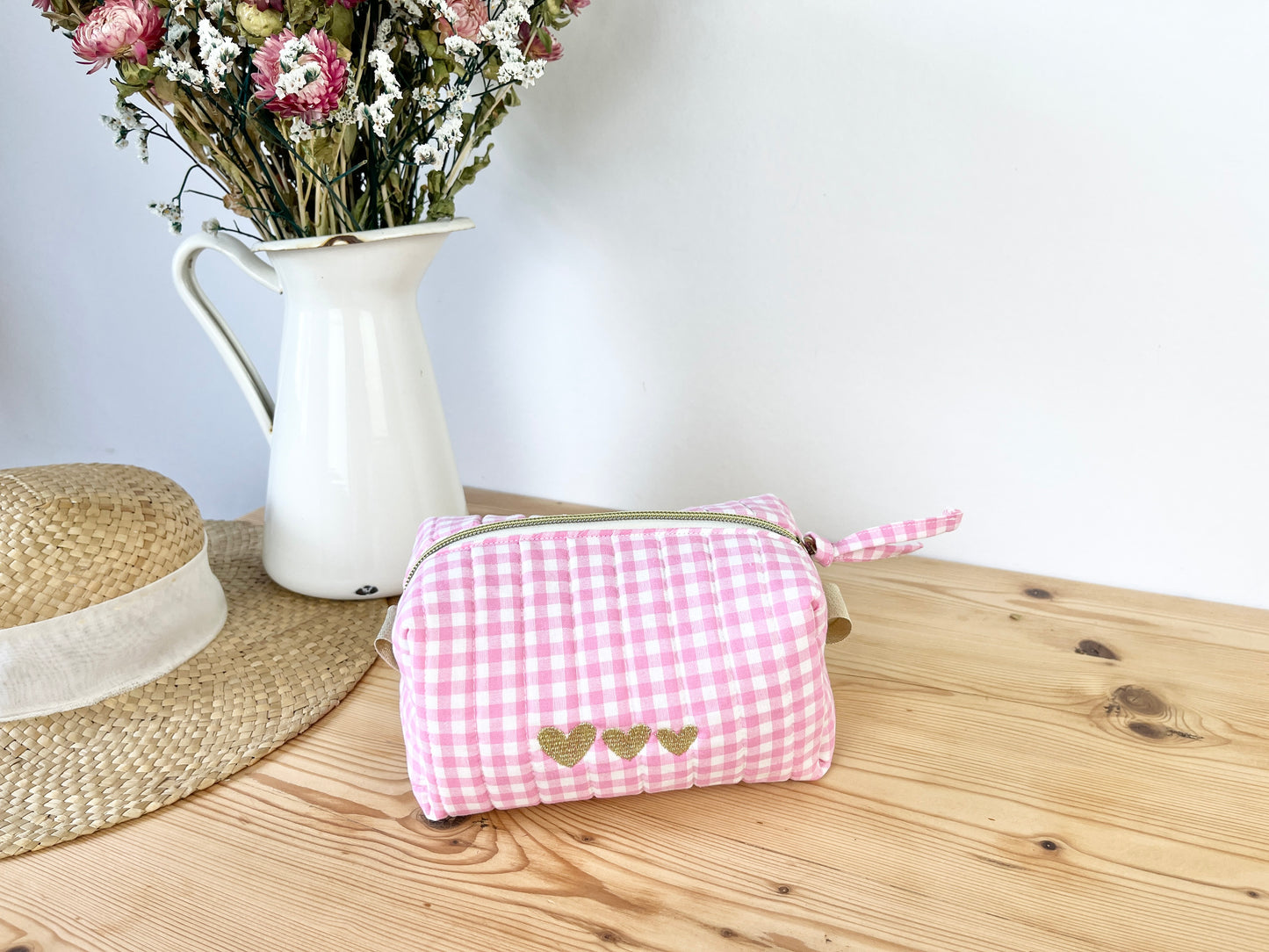 Trousse de beauté matelassée vichy rose