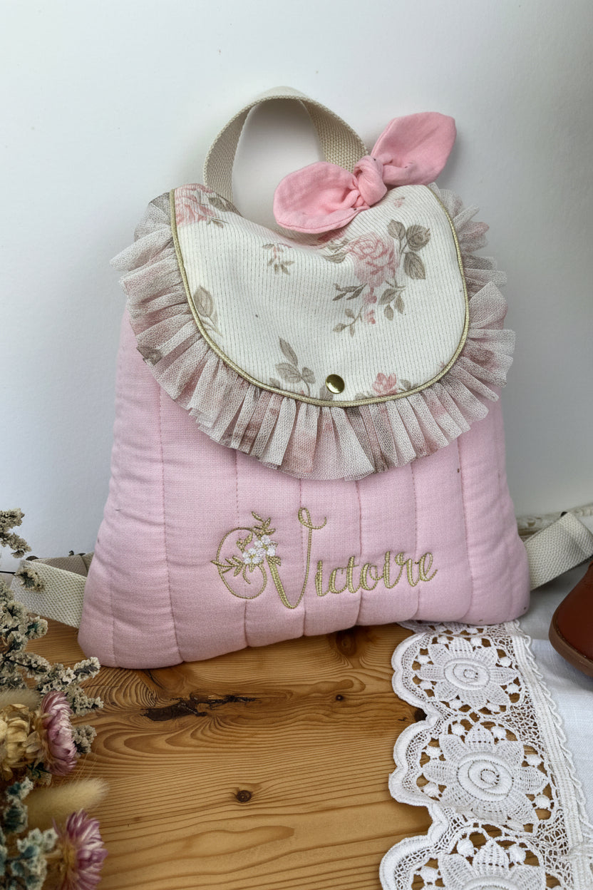 Le sac à dos Églantine jacquard roses pailleté gaze rose poudré