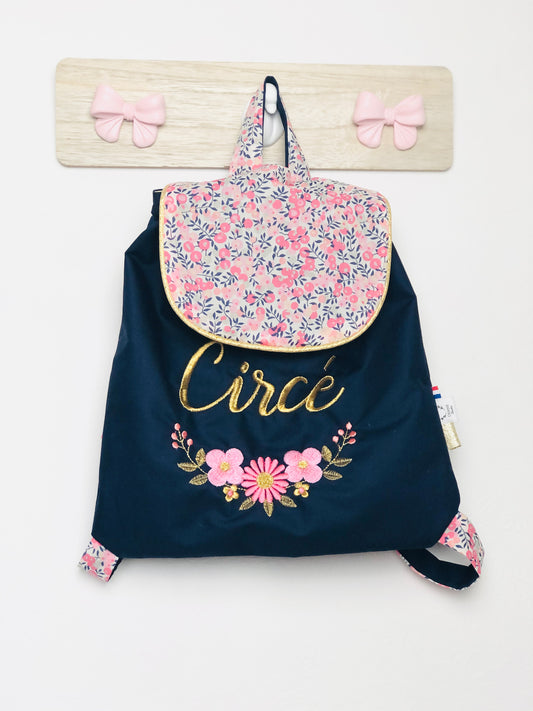 Le sac à dos enfant personnalisé Églantine gabardine bleu nuit et wiltshire senteur