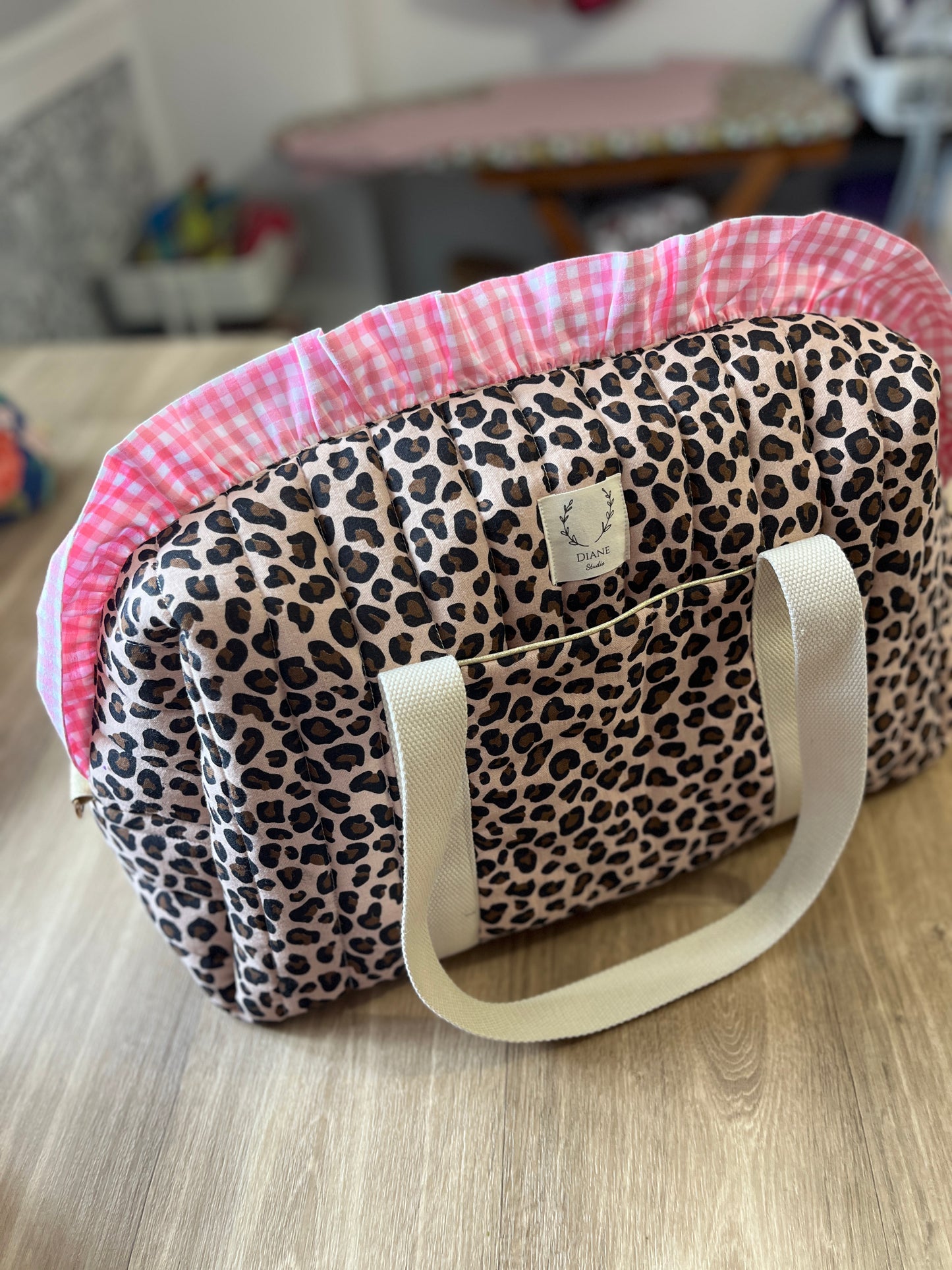 Ensemble Sac Chloé et trousse à volants léopard et vichy rose
