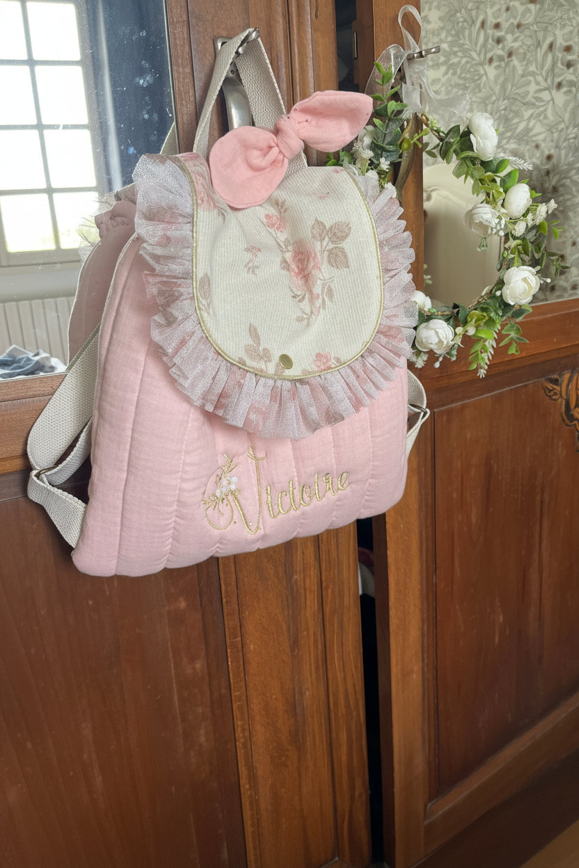 Le sac à dos Églantine jacquard roses pailleté gaze rose poudré