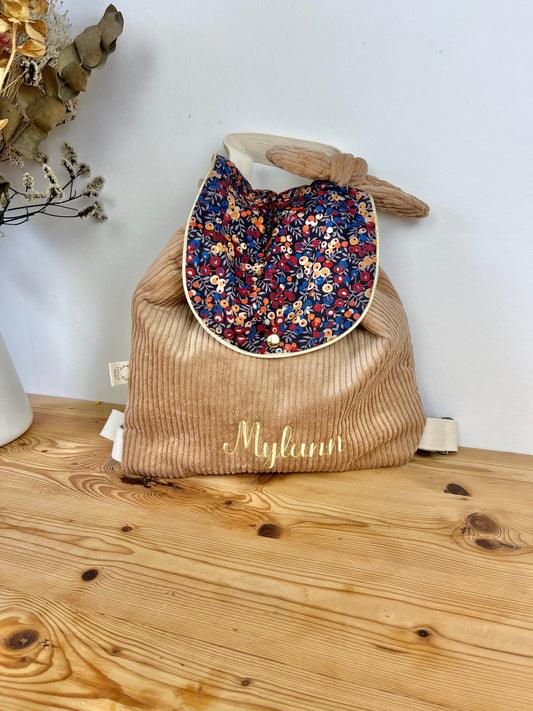 Le sac à dos Églantine velours camel et Liberty wiltshire burnt