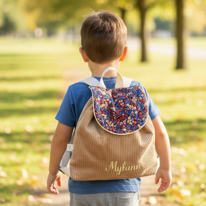 Le sac à dos Églantine velours camel et Liberty wiltshire burnt