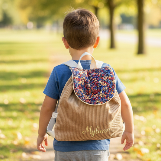 Le sac à dos Églantine velours camel et Liberty wiltshire burnt