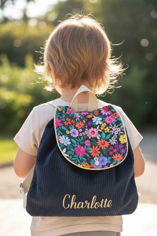 Le sac à dos Églantine velours marine et bloom noir
