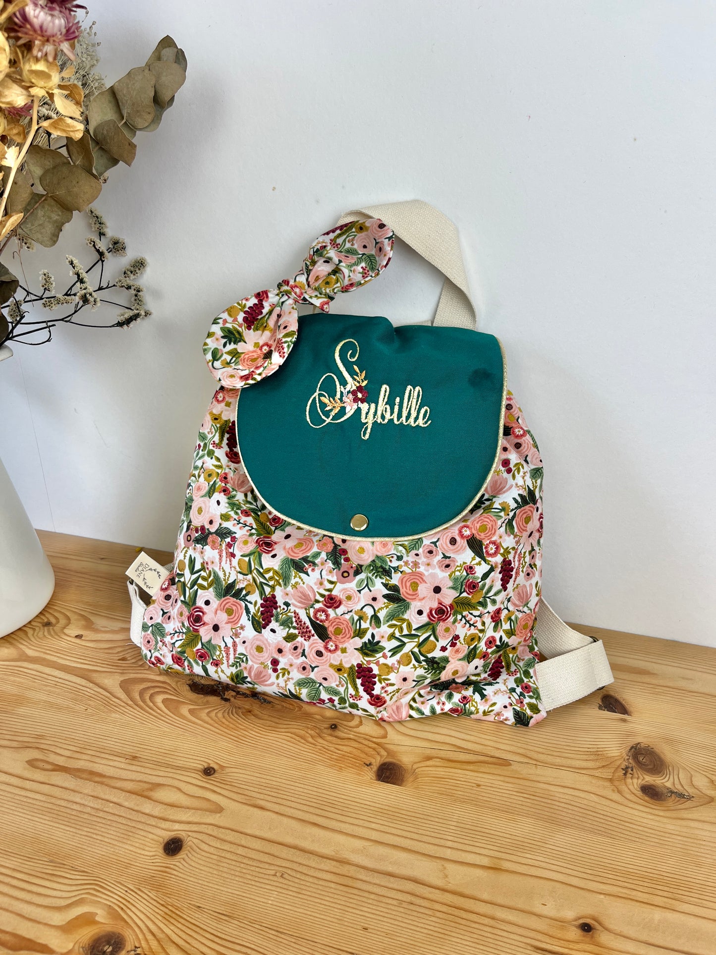 Le sac à dos Églantine gardent party rose et gabardine vert sapin