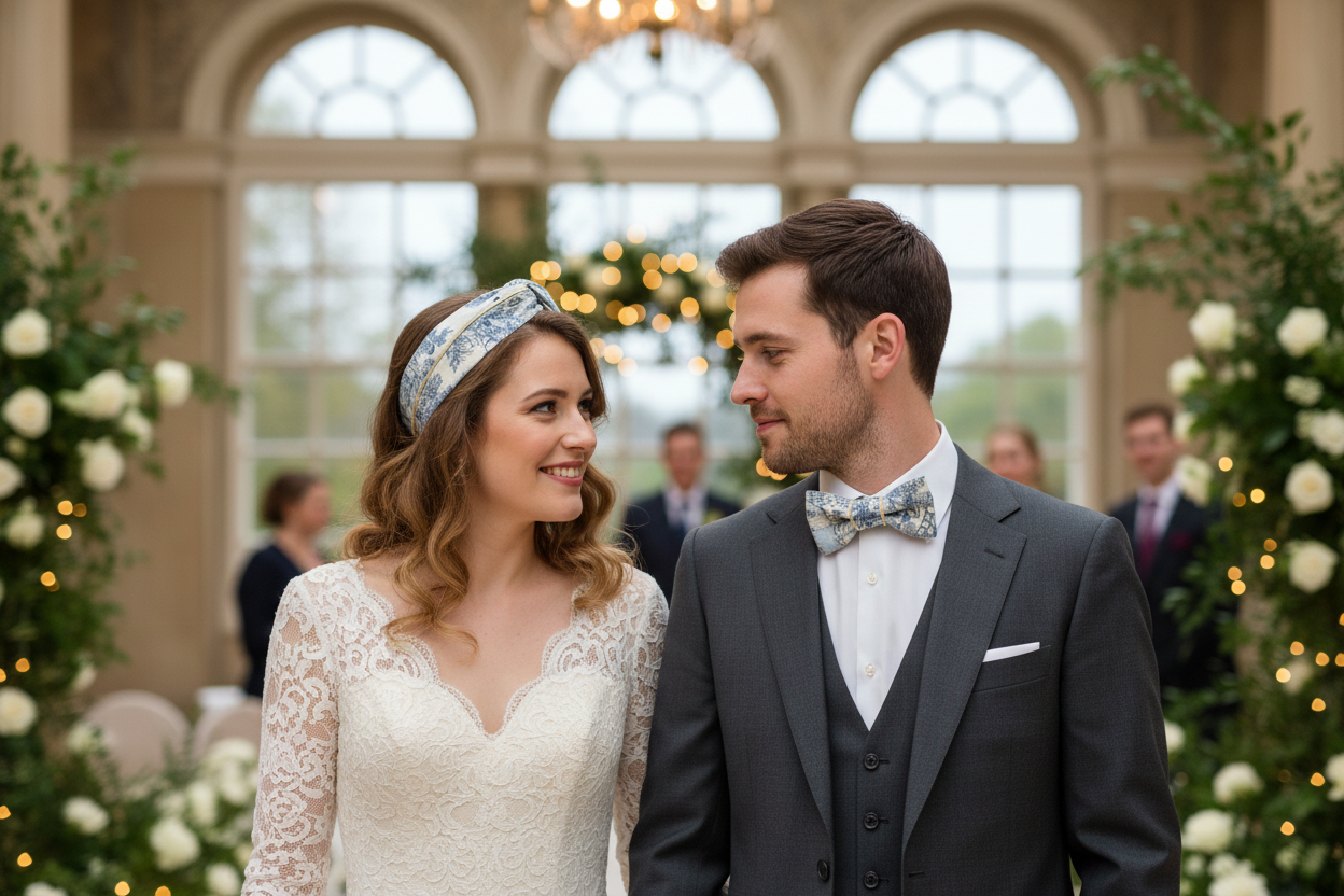 Ensemble : noeud papillon et headband jouy bleu doré