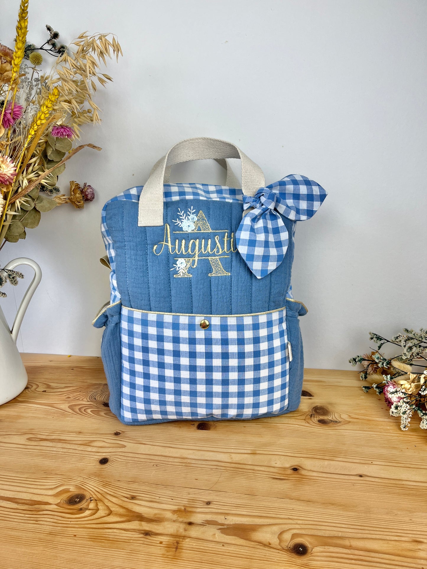 Le sac à dos enfant Ombeline matelassé gaze et vichy bleu ciel