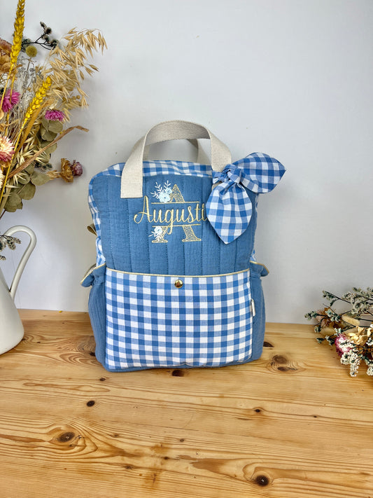 Le sac à dos enfant Ombeline matelassé gaze et vichy bleu ciel