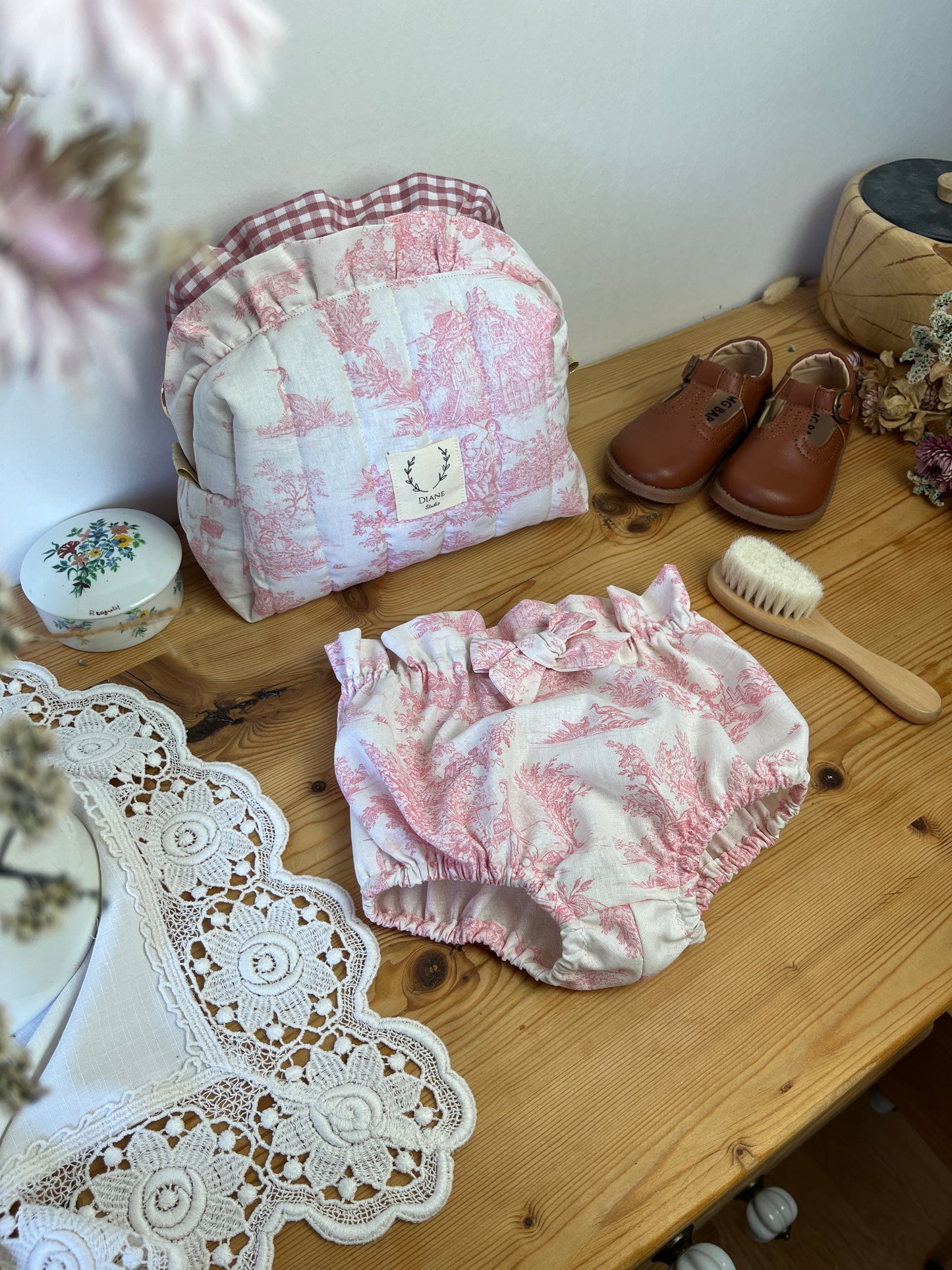 Ensemble : trousse de toilette et bloomer jouy rose