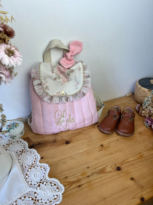 Le sac à dos Églantine jacquard roses pailleté gaze rose poudré