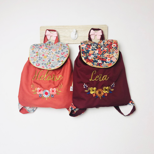Le sac à dos enfant personnalisé Églantine gabardine et Liberty thorpe et porcelaine