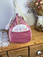Ensemble: sac Louison et trousse Colette initiale dentelle velours rose et tissu rose et noeud