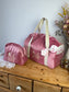 Ensemble: sac Louison et trousse Colette initiale dentelle velours rose et tissu rose et noeud