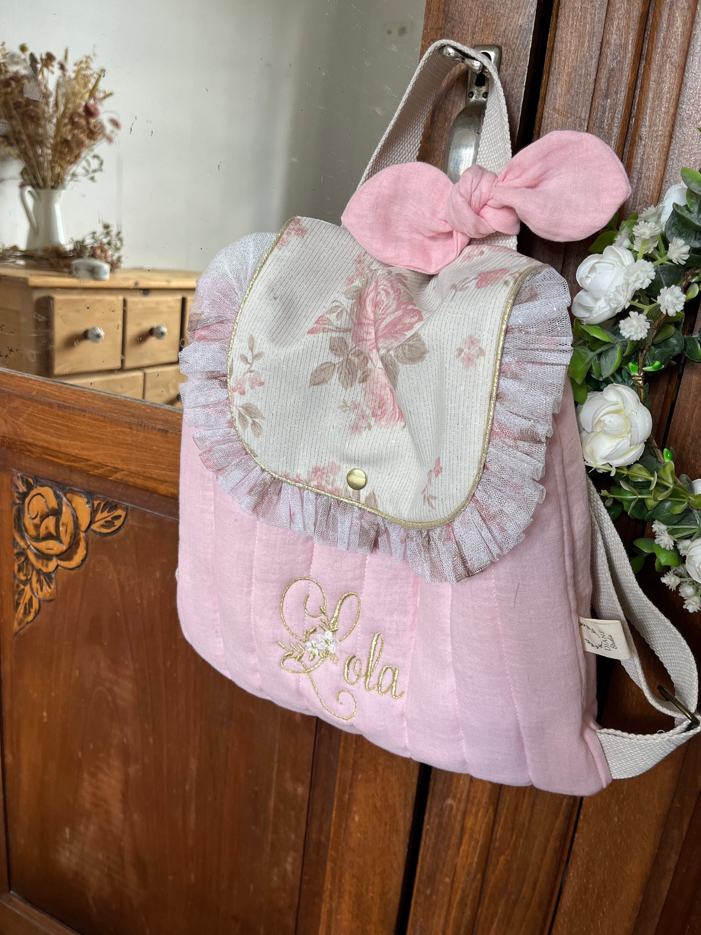 Le sac à dos Églantine jacquard roses pailleté gaze rose poudré